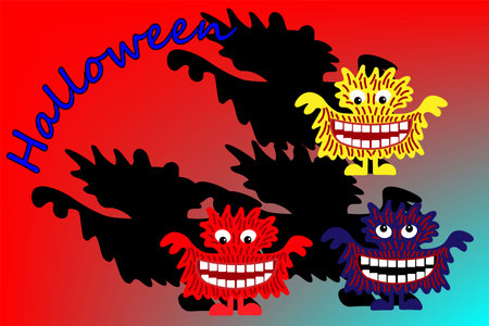 Cartoon cute colored monsters on a beautiful bright designer background.The Halloween holiday. Colorful monsters with different emotions. Postcard, flyer, banner, sticker.For websites and other uses.のイラスト素材