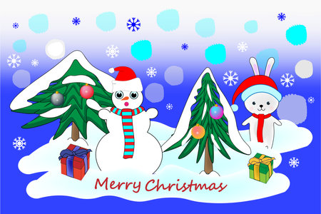 Vector winter banner with a snowman and a cute rabbit. Christmas characters in a snowy winter forest. The presents are under the tree. Merry Christmas Greeting Card.のイラスト素材
