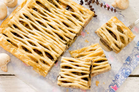 Puff pastry pie with chicken and mushroomsの写真素材