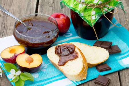 Homemade plum jam with chocolateの写真素材