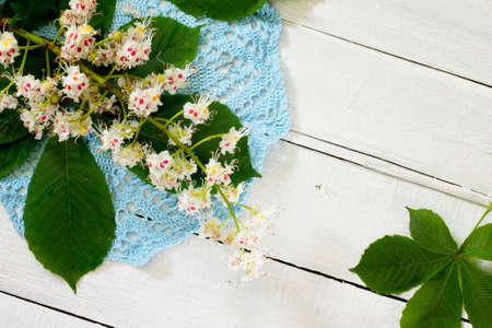 Blossoming Chestnut branch with green leaves on a white wooden backgroundの写真素材