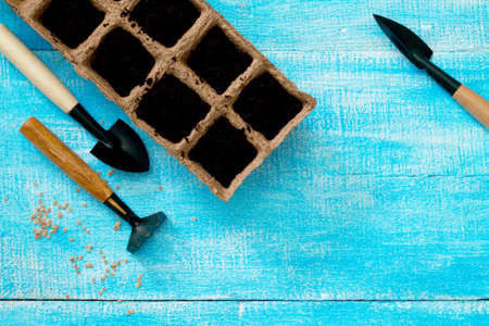Preparation for planting seeds, garden tools on the table, top view.の写真素材