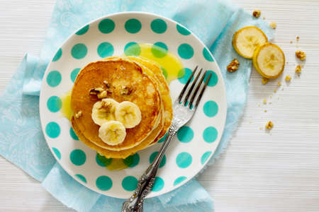 American Banana Pancake with honey and walnutsの写真素材