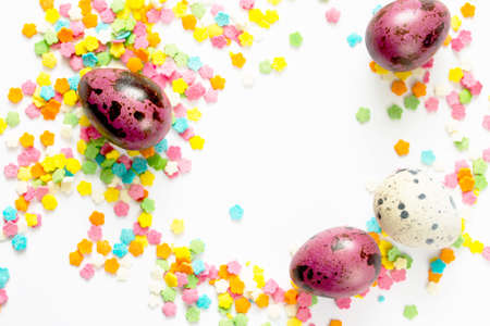 Easter background of pastry topping and quail eggsの写真素材