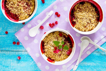 Dessert with red currant crumble, selective focus.の写真素材