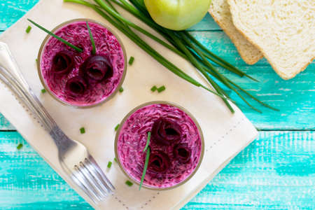 Vegetable salad with beetroot, apple, selective focus. Top view .の写真素材