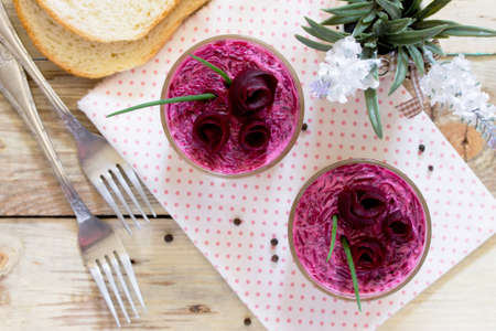 Vegetable salad with beetroot, apple, selective focus. Top view .