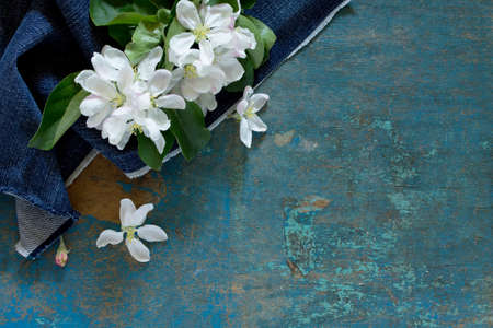 Apple tree flowers on a wooden table, top view. Space for your text.