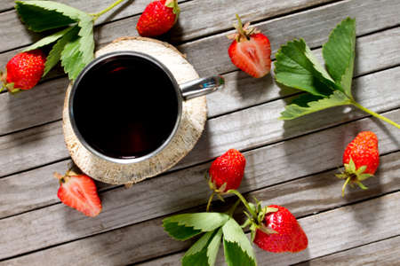 Tradition Summer juice drink with strawberries and mint with copy space top view.の写真素材