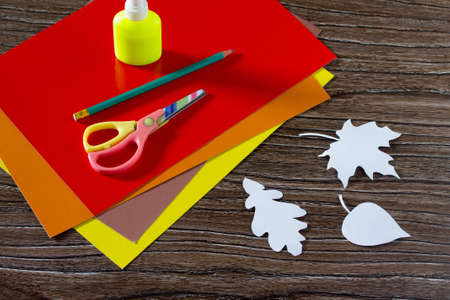 Autumn colored paper leaves on the wooden background. The sheet of paper crafts for kids. Children's art project.の写真素材