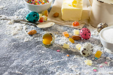 Background for the celebration of Easter on a concrete background. Top view, copy space. Food background.の写真素材