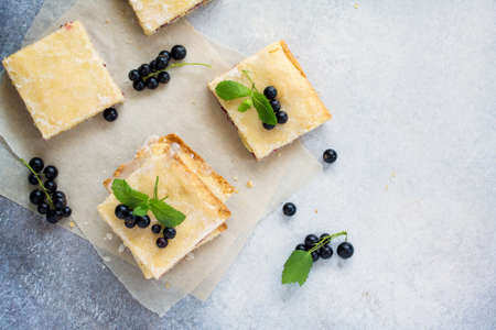 Homemade cookies with black currant berries on a gray stone or slate background. Summer pastries. Top view. Copy space.の写真素材