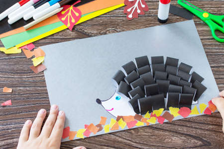 Autumnal application of a hedgehog and deciduous leaves. Children's Art Project, needlework, crafts for kids.の写真素材