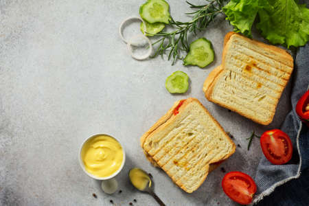 Ingredients for cooking a double sandwich with fresh vegetables and cheese on a gray stone background. Top view with copy space.の写真素材
