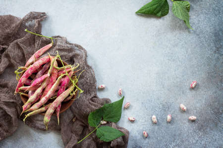 Green bean pod and beans. Red beans on a gray slate or stone background. Top view with copy space.の写真素材