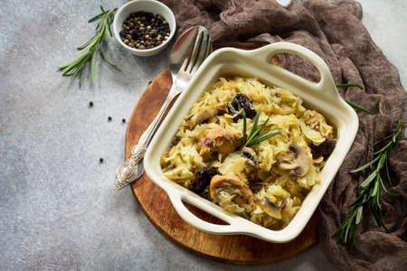 Duck stew with cabbage, prunes, mushrooms and spices on a gray stone or slate background. Copy...