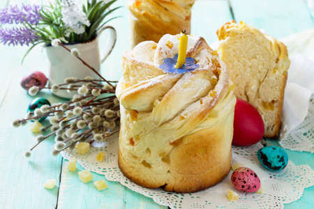 Kruffin sweet pastry - Easter recipe. Traditional food on the holiday table - bread cake with...