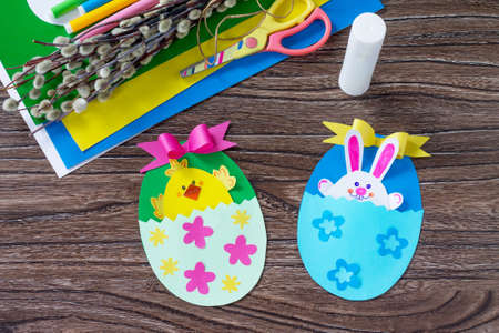 Children's easter egg gift with toy chicken and easter bunny. Handmade. Project of children's...