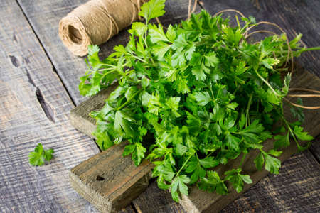 Sprigs of fresh parsley on the rustic kitchen table.