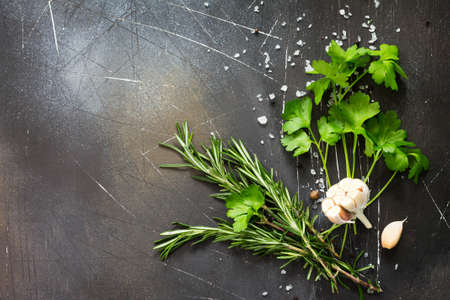Food background. Parsley and rosemary on a dark stone table. Copy space, top view flat lay background.の写真素材