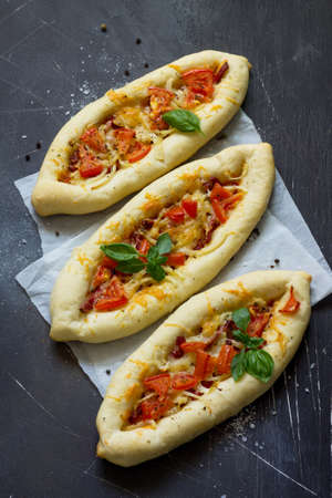 Pizza menu. Homemade Greek oval pizza close-up with salami, tomato, onion and cheese.