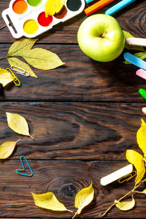 Time to School. Back to school concept. Education background with school supplies and an apple. Top view flat lay with copy spaceの写真素材