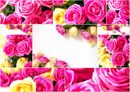 Collage Wedding or Valentines Day, Mother day card. Beautiful pink and yellow roses flower bouquet isolated on white background. Copy space.の写真素材