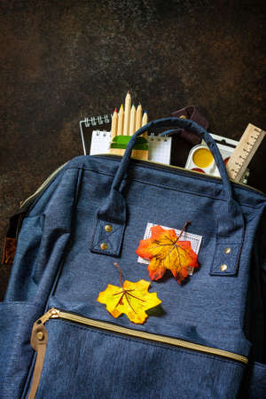 Back to school concept. School supplies with blue backpack on table. Top view flat lay. Free space for your text.の写真素材