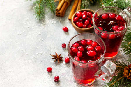 Christmas drinks. Hot winter drink with cranberries and cinnamon on a light stone table. Free space for your text.の写真素材