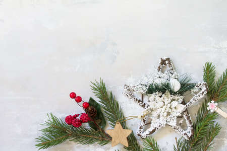 Christmas concept. Top view. Christmas background with herringbone and decor. Free space for your text. 
の写真素材