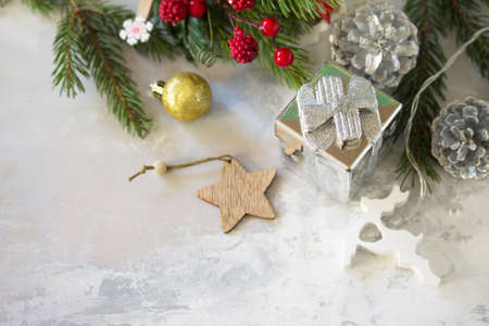 Christmas and New Year holidays composition. New Year gifts. Free space for your text. 
