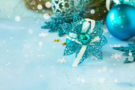 Christmas decor on a blue background. Copy space.の写真素材
