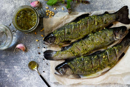 Salmon. Fresh raw salmon fish with pesto sauce and culinary spices on a gray stone countertop. Top view flat lay background.の写真素材