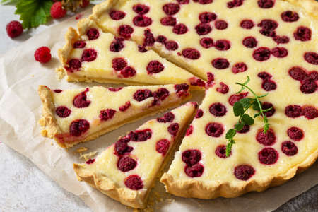 Raspberry Panna cotta with raspberry jelly, Italian dessert, homemade cuisine. Top view flat lay...