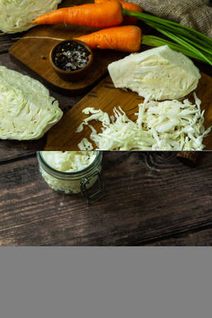 Fermented food. Prepare homemade sauerkraut jars with and carrot on rustic wooden table. Copy space.の写真素材