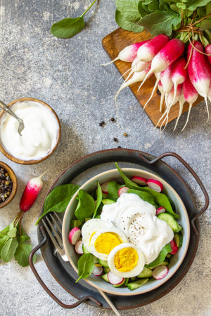 Fresh spring food, healthy vegan lunch bowl. Spinach, cucumber, radish salad and boiled eggs with sour cream. Top view flat lay. Copy space.の写真素材