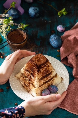 Easter background. Dessert tiramisu Easter cottage cheese pascha on festive table. Copy space.の写真素材