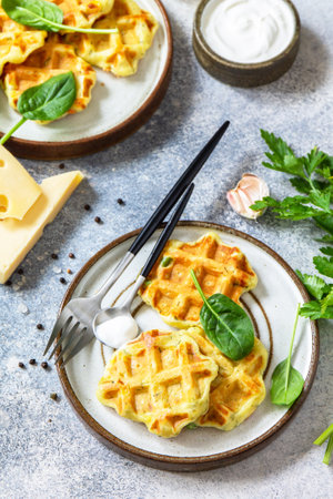 Potato waffles with peas, paprika, cheese and herbs, a quick snack in a plate on a gray stone countertop.の写真素材