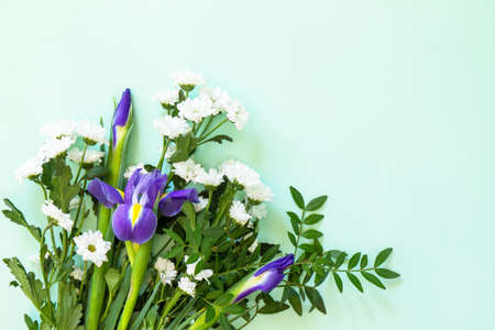 Mother's day or birthday background. Spring beautiful bouquet of blooming irises and spring greenery on a light green background. Top view flat lay for greetings with space for text.の写真素材