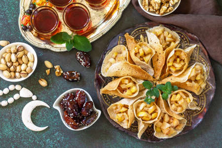 Arabic Cuisine. Ramadan Kareem Festive. Ramadan menu, arabian pancake katayef (katayev, qatayef)...