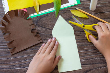 Instruction step 4. Postcard hedgehog with an apple on a wooden table. Handmade. Project of children's creativity, handicrafts, crafts for kids.の写真素材
