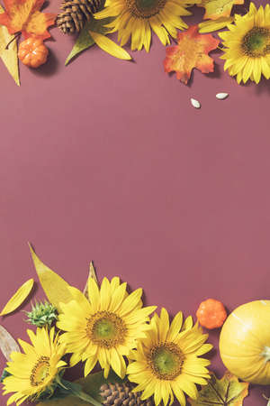 Autumn composition. Creative layout made of festive autumn decor of pumpkins, sunflowers and leaves on a brown background. Nature Trendy Decorative Design. Flat lay with copy space.の写真素材