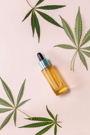 Natural cosmetic. Herbal Alternative Medicine Concept. Cannabis face serum or oil dropper concept and hemp leaves on beige background. Top view flat lay.の写真素材