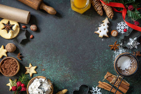 Ingredients for baking homemade sweet present Linser Christmas or New Year cookies on a table of...