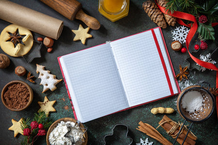 Ingredients for baking homemade sweet present Linser Christmas or New Year cookies on a table of dark stone. Top view flat background. Copy space.の写真素材