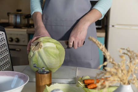 Sauerkraut canning. A young woman prepares homemade sauerkraut with carrots in the kitchen. Fermented food.の写真素材