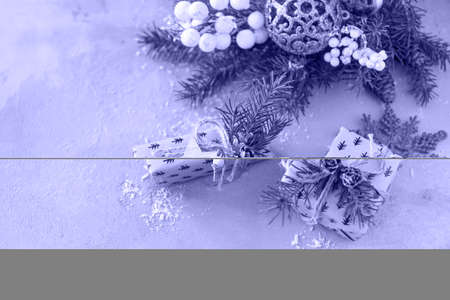 Christmas mockup with fir tree Christmas decor. Preparation for celebration xmas. Very peri color 2022. Top view flat lay with copy space.の写真素材