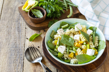 Cold delicious pasta salad, italian cuisine. Whole wheat fusilli pasta with feta, green bean and pepper on a wooden background. copyspace.の写真素材
