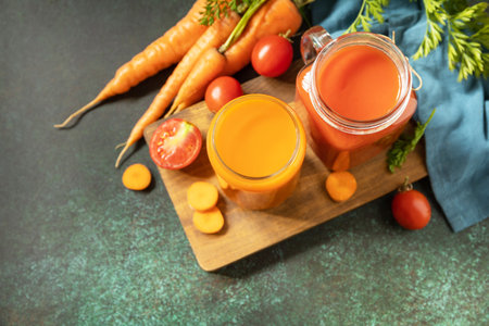 Tomato and carrot juice in a glass and fresh tomatoes on a stone tabletop. Vitamins drinks juice carrot and tomato, healthy lifestyle. view from above. copyspace.の写真素材