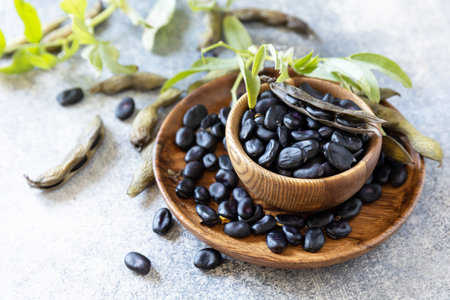 organic food. The concept of vegan or diet food. Fresh ripe black soy beans on a stone background.の写真素材